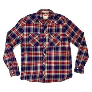 Levis Flannel Shirt Mens Size XL Red Blue Western Plaid Farmhouse Core Button Up